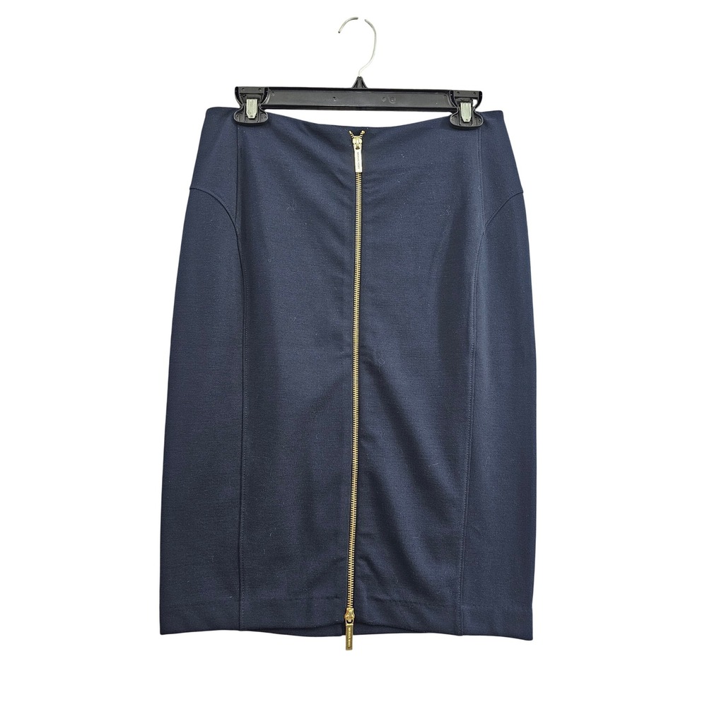 Michael Kors Pencil Skirt Womens 6 Navy Blue Exposed Gold Zipper Stretch Ponte